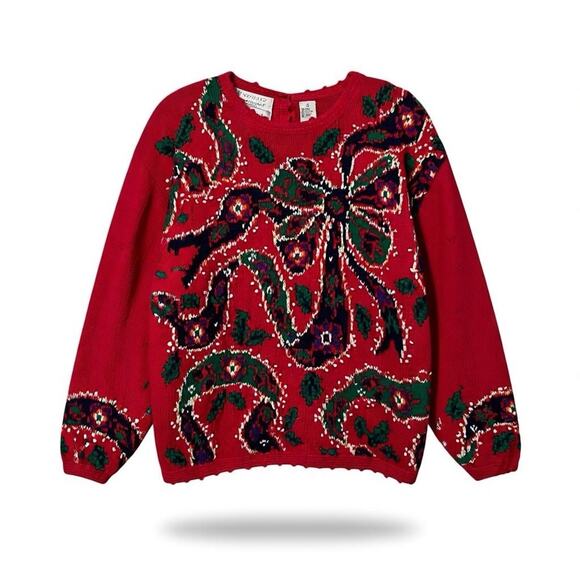 80s Northern Isles Hand Knit Ribbon Red Holiday Bow Sweater Medium Cottagecore - Picture 11 of 11